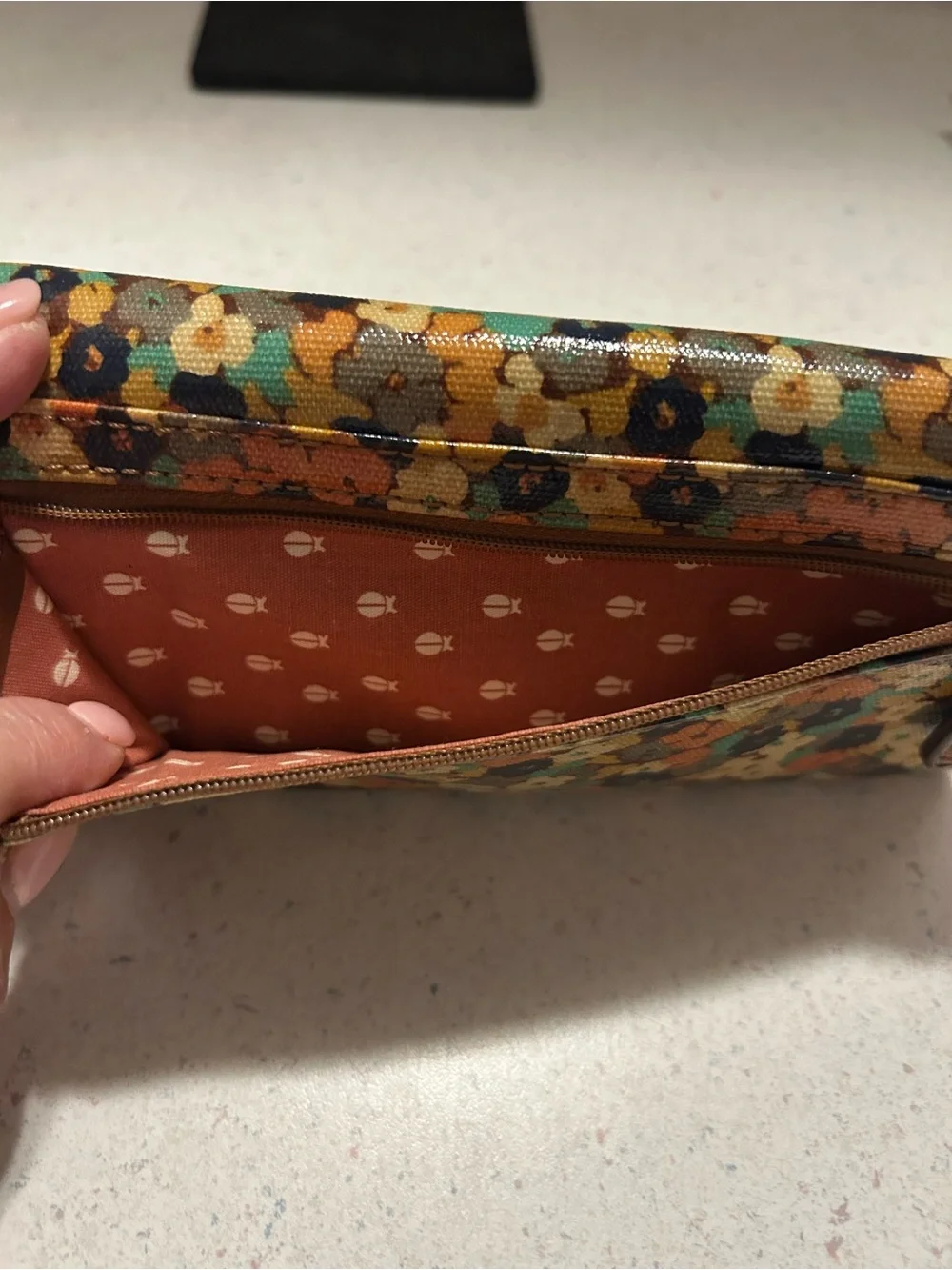 Fossil Floral Canvas Wallet with Brown Trim and Multicolor Print